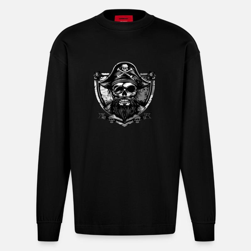 Écusson de crâne de pirate - Manches longues bio épais oversize fabriqué en UE - SOLID BLACK