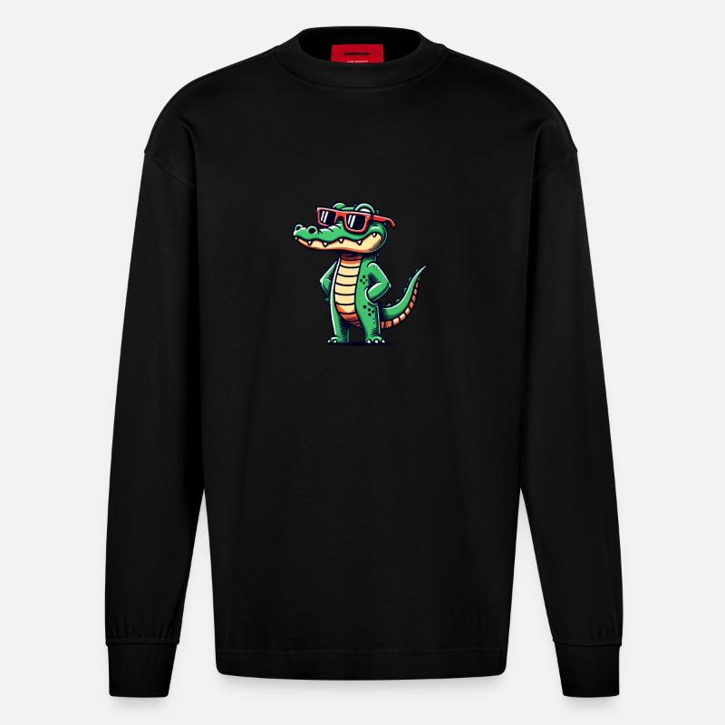 krokodil comic cool - Heavyweight Oversized Organic Langarmshirt Made in EU - SOLID BLACK