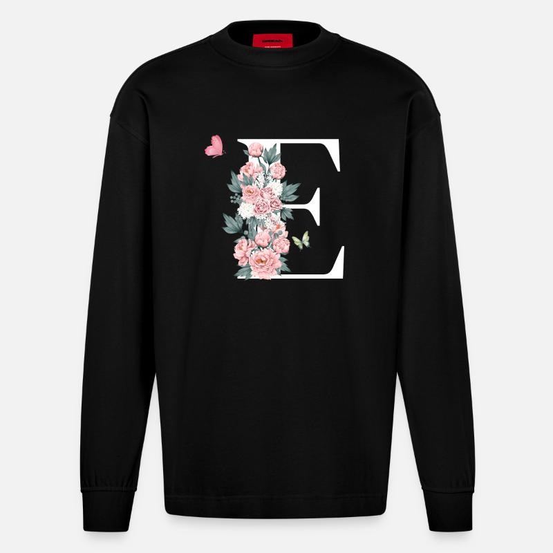Buchstabe e rosa Blumen - Heavyweight Oversized Organic Langarmshirt Made in EU - SOLID BLACK