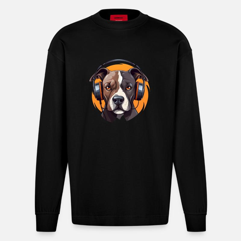 Pitbull mit Kopfhörern Cool - Heavyweight Oversized Organic Langarmshirt Made in EU - SOLID BLACK