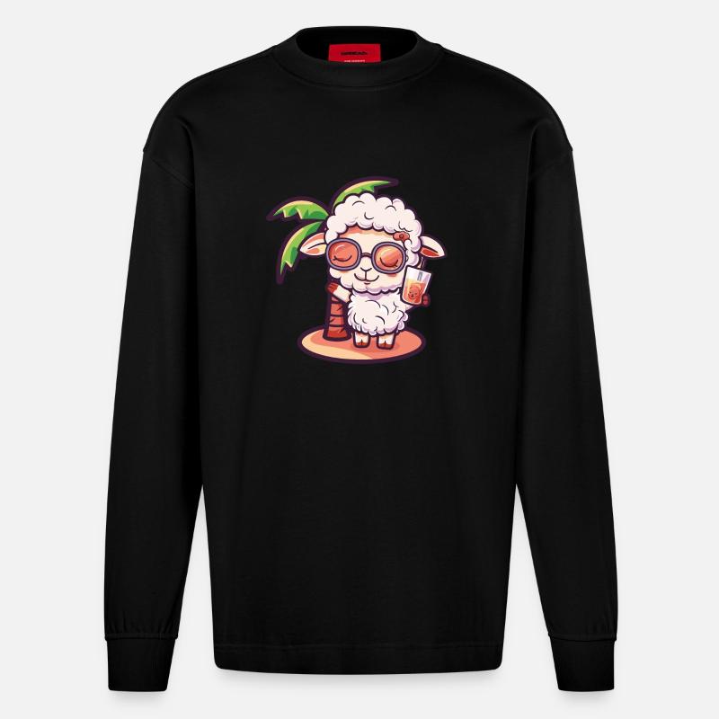 Schaf Sommer Strand Comic - Heavyweight Oversized Organic Langarmshirt Made in EU - SOLID BLACK