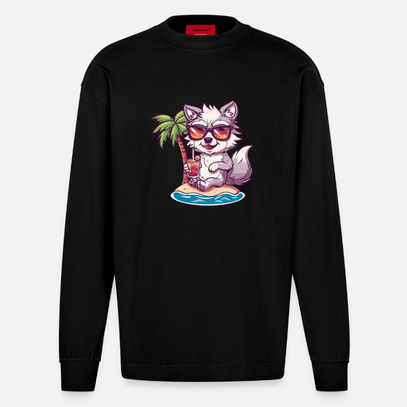 Wolf Summer Beach Comic - Heavyweight Oversized Organic Longsleeve Shirt Made in EU - SOLID BLACK
