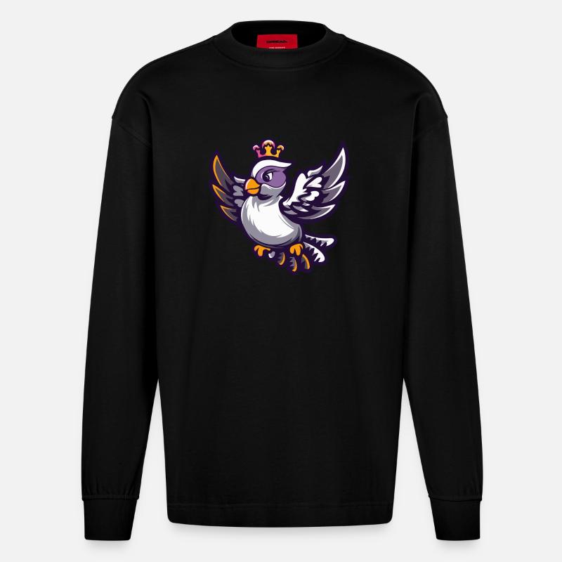 Taube Vogel Comic Krone - Heavyweight Oversized Organic Langarmshirt Made in EU - SOLID BLACK