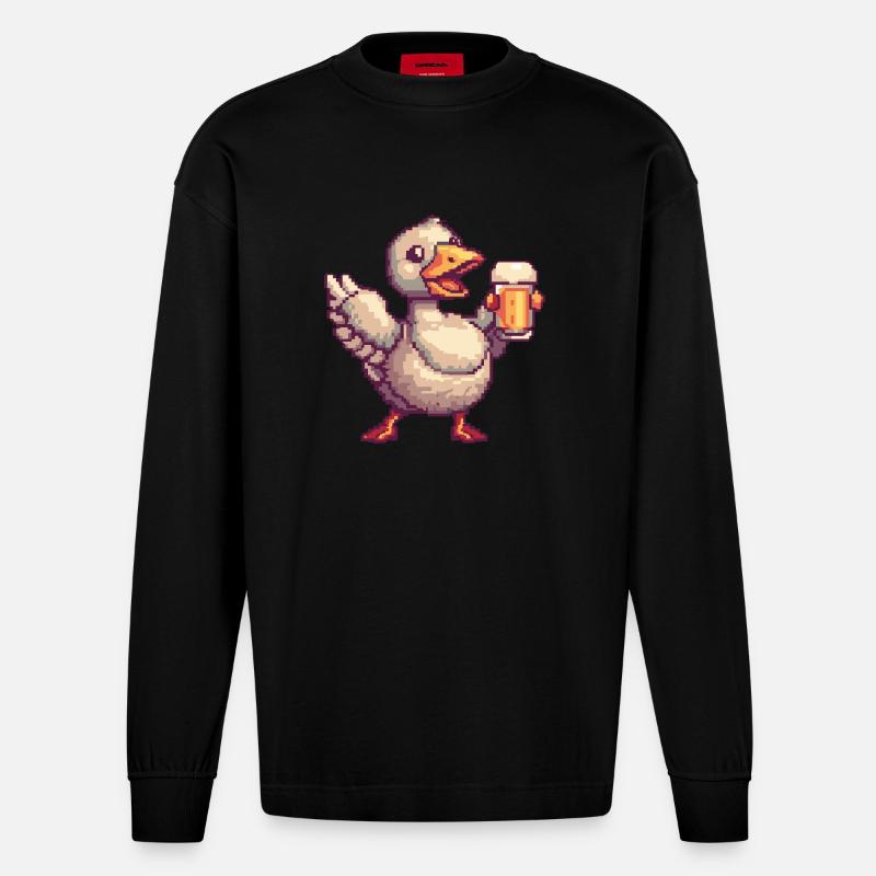 Gans Bier Pixel - Heavyweight Oversized Organic Langarmshirt Made in EU - SOLID BLACK