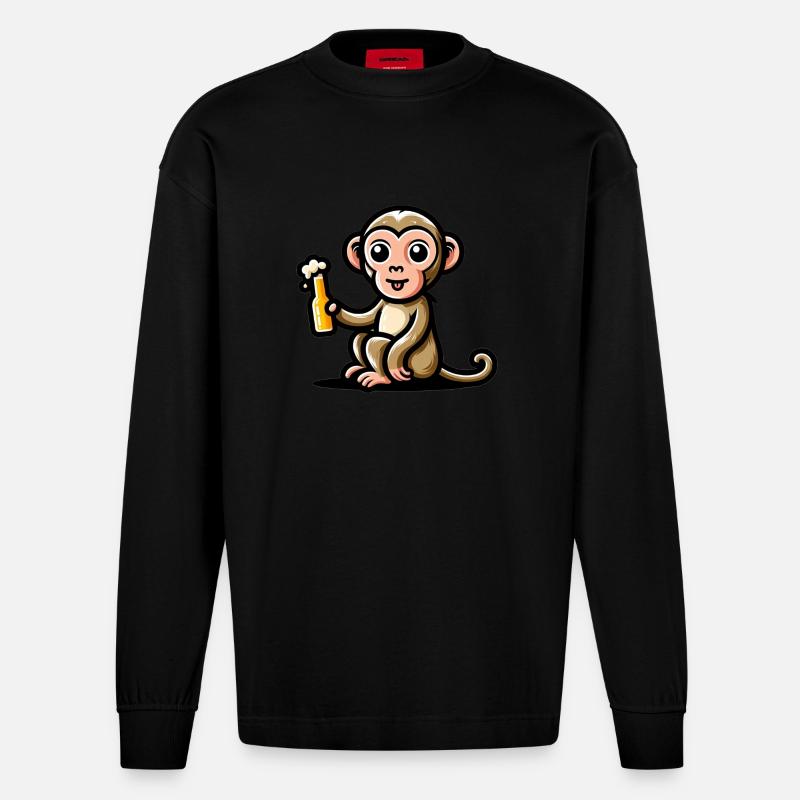 Cute Monkey Drinking Beer 3 - Heavyweight Oversized Organic Langarmshirt Made in EU - SOLID BLACK