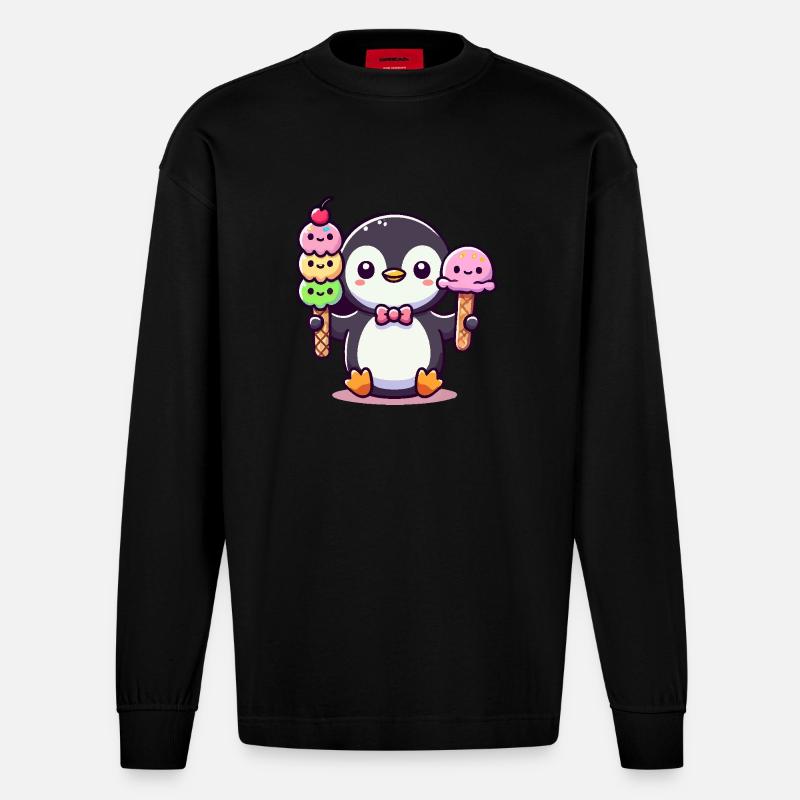Pinguin mit Eis - Heavyweight Oversized Organic Langarmshirt Made in EU - SOLID BLACK