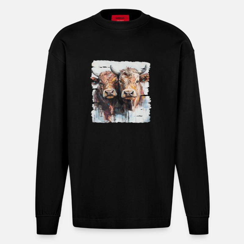 Zwei Jungbullen oder zwei Kühe? - Heavyweight Oversized Organic Langarmshirt Made in EU - SOLID BLACK