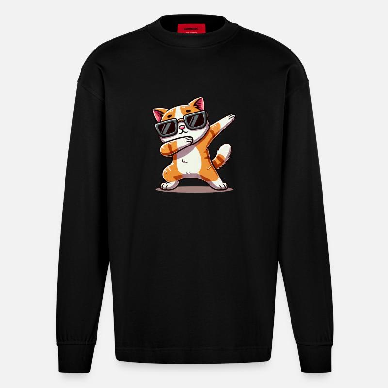 katze comic dabbing - Heavyweight Oversized Organic Langarmshirt Made in EU - SOLID BLACK