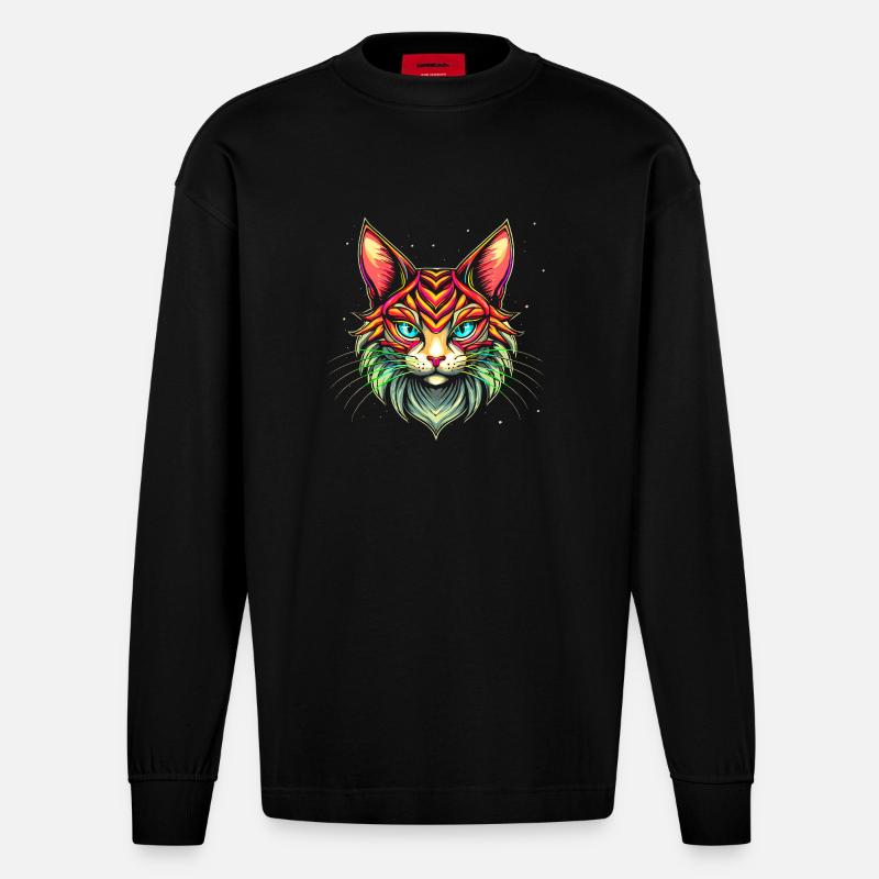 Maine Coon Katze - Heavyweight Oversized Organic Langarmshirt Made in EU - SOLID BLACK
