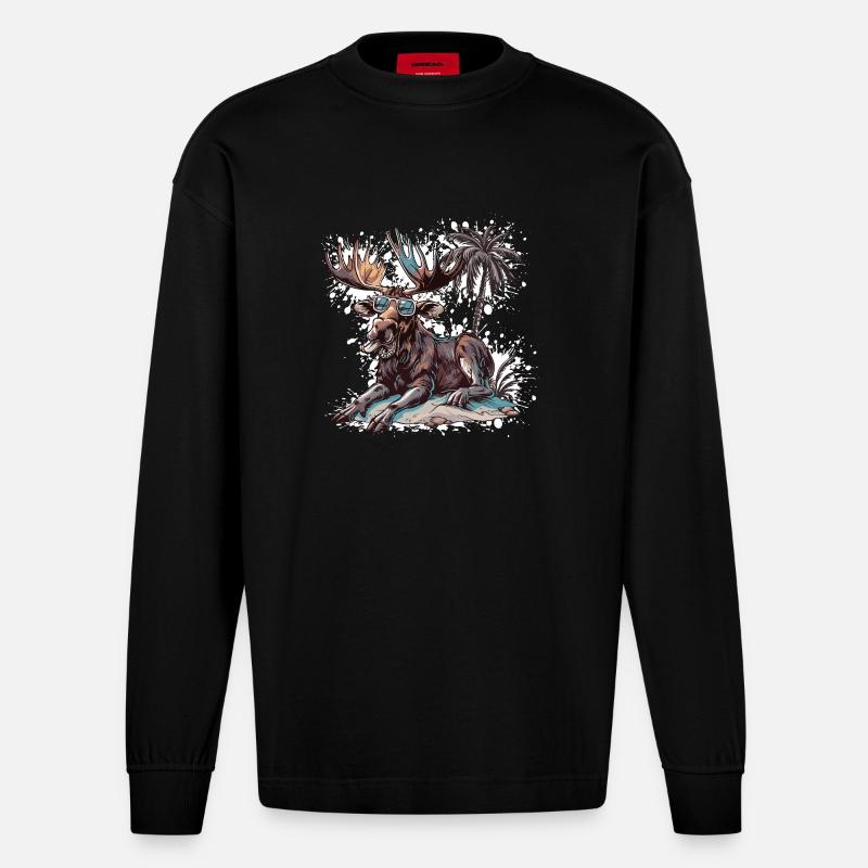 Elch Insel Palme - Heavyweight Oversized Organic Langarmshirt Made in EU - SOLID BLACK