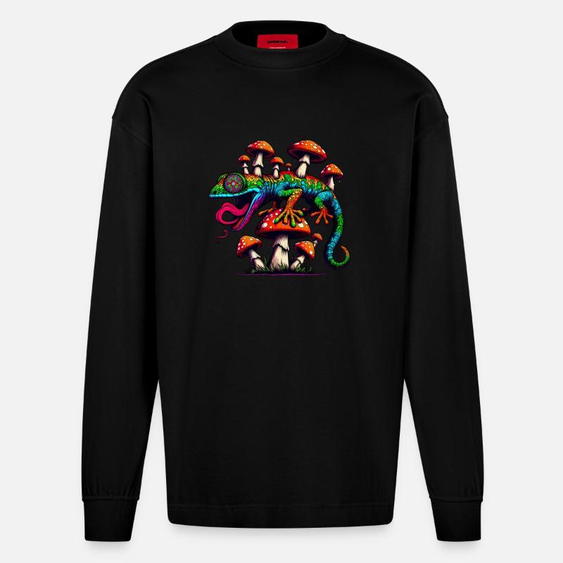 Psychedelic Magic Gecko - Heavyweight Oversized Organic Langarmshirt Made in EU - SOLID BLACK
