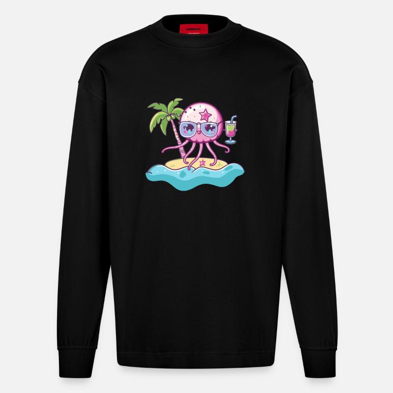 Qualle Sommer Strand Comic - Heavyweight Oversized Organic Langarmshirt Made in EU - SOLID BLACK