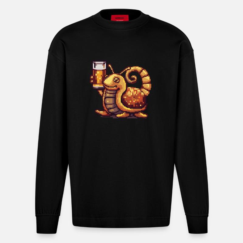 Schnecke Bier Pixel - Heavyweight Oversized Organic Langarmshirt Made in EU - SOLID BLACK