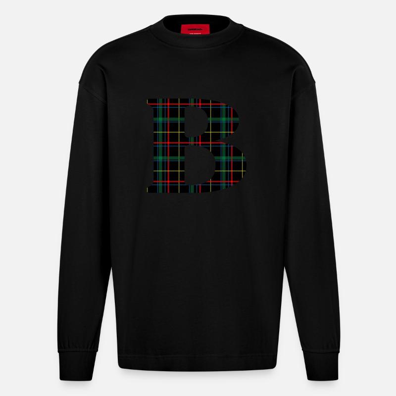 Monogrammiert b Schottischer Tartan - Heavyweight Oversized Organic Langarmshirt Made in EU - SOLID BLACK