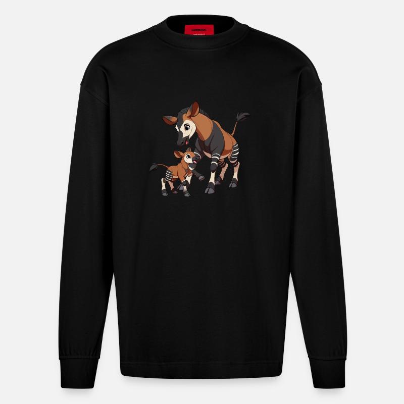 Okapi Mutter und Kind - Heavyweight Oversized Organic Langarmshirt Made in EU - SOLID BLACK