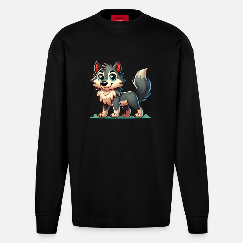 wolf comic 1 - Heavyweight Oversized Organic Langarmshirt Made in EU - SOLID BLACK