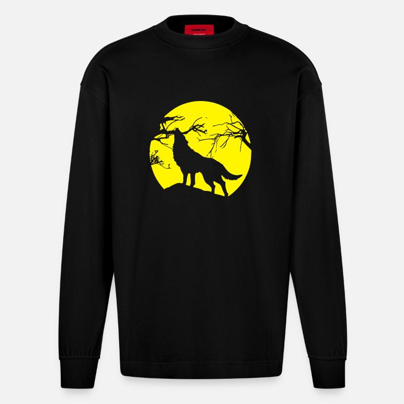 wolf - mond - baum - Heavyweight Oversized Organic Langarmshirt Made in EU - SOLID BLACK