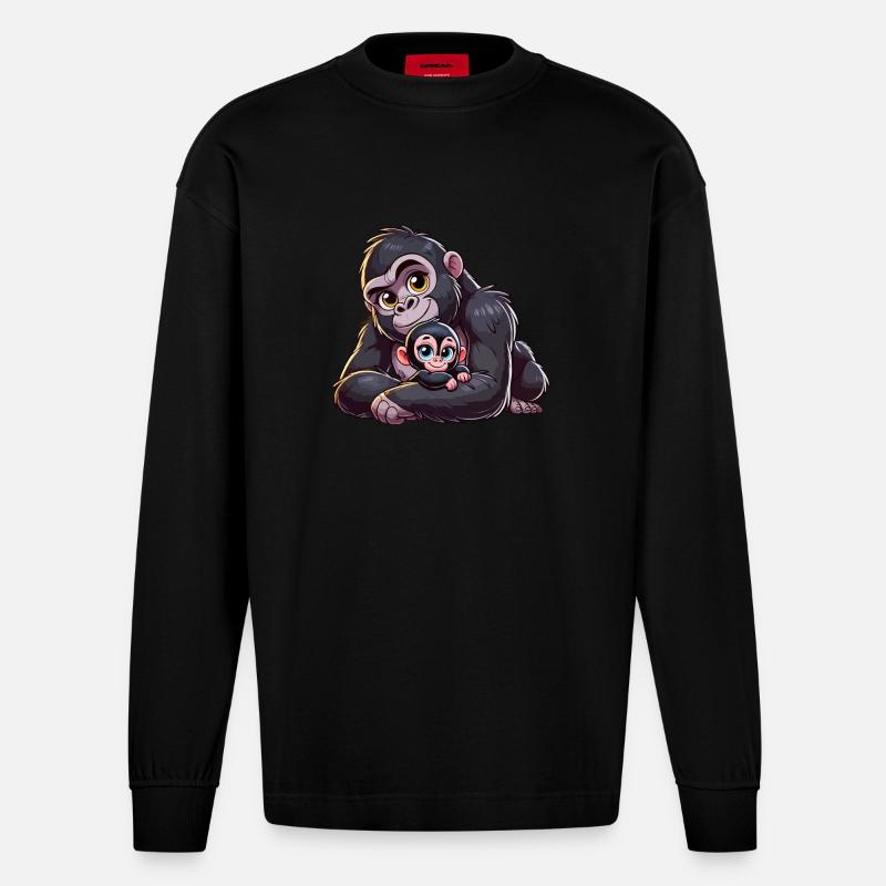 Gorilla-Mutter mit Kind - Heavyweight Oversized Organic Langarmshirt Made in EU - SOLID BLACK