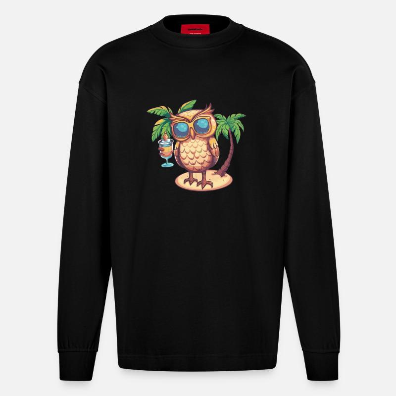 Eule Sommer Strand Comic - Heavyweight Oversized Organic Langarmshirt Made in EU - SOLID BLACK
