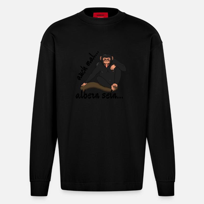 Schimpanse "auch mal albern sein..." - Heavyweight Oversized Organic Langarmshirt Made in EU - SOLID BLACK