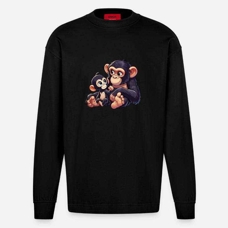 Schimpansenmutter mit Kind - Heavyweight Oversized Organic Langarmshirt Made in EU - SOLID BLACK