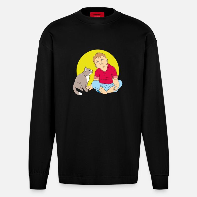 Junge spricht mit Katze - Heavyweight Oversized Organic Langarmshirt Made in EU - SOLID BLACK