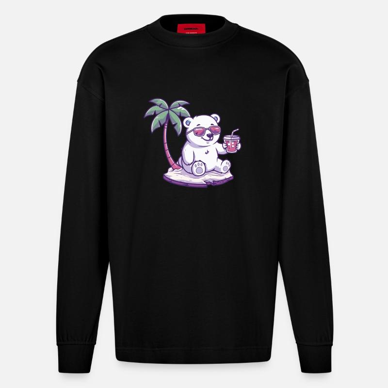 Eisbär Sommer Strand Comic - Heavyweight Oversized Organic Langarmshirt Made in EU - SOLID BLACK
