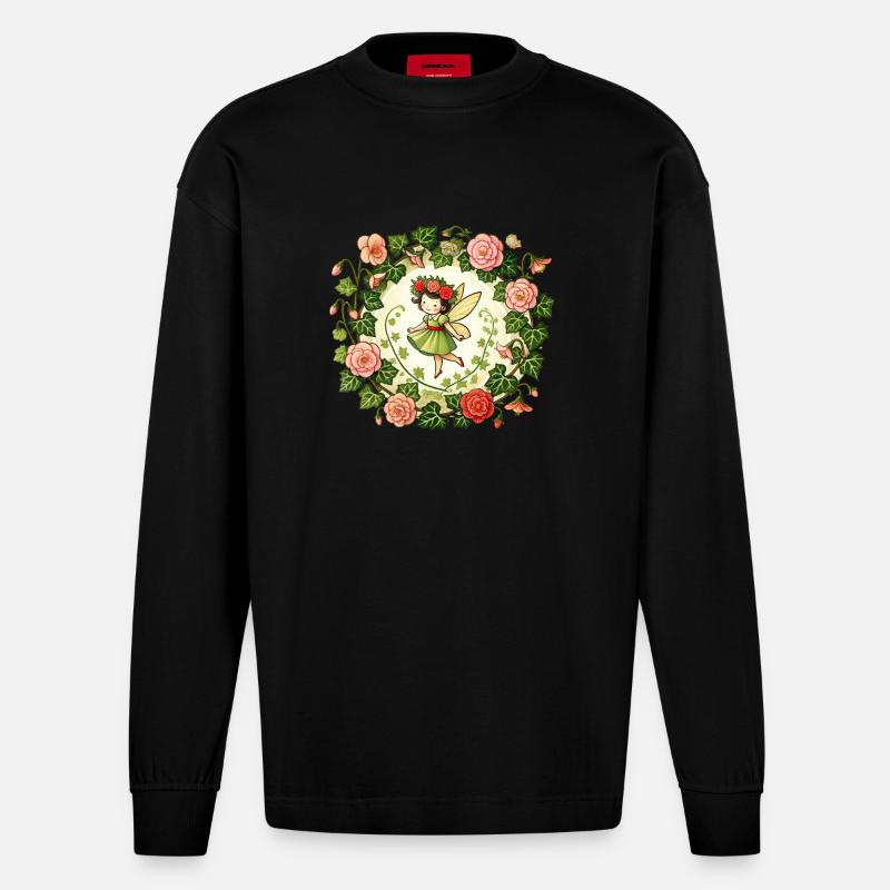 Blume Garten Fee - Heavyweight Oversized Organic Langarmshirt Made in EU - SOLID BLACK