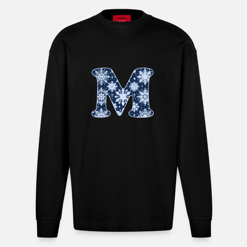 Buchstabe M Schneeflocken - Heavyweight Oversized Organic Langarmshirt Made in EU - SOLID BLACK
