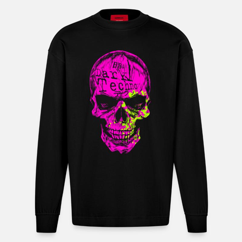 Dark Techno Neon Skull - Heavyweight Oversized Organic Langarmshirt Made in EU - SOLID BLACK