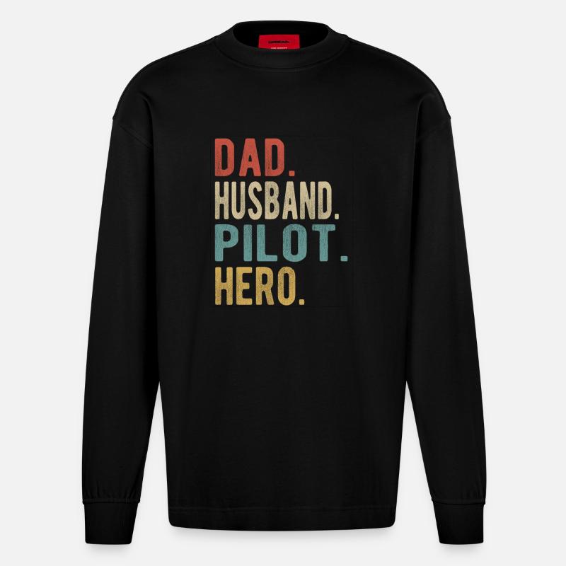 Pilot Papa Ehemann Held - Heavyweight Oversized Organic Langarmshirt Made in EU - SOLID BLACK