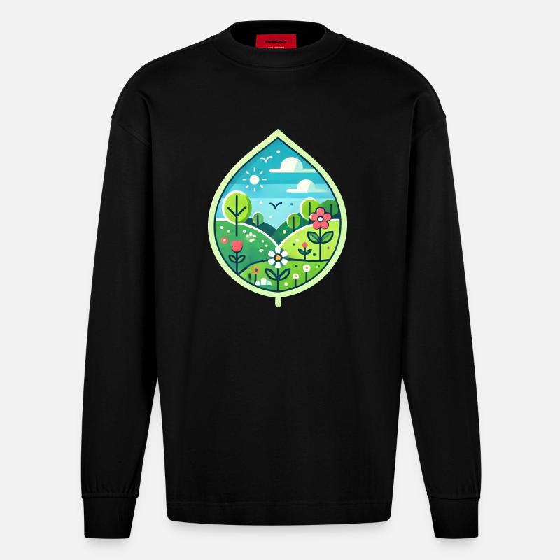Blatt Frühling - Heavyweight Oversized Organic Langarmshirt Made in EU - SOLID BLACK