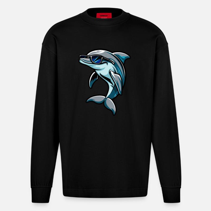 Dolphin Comic Cool - Heavyweight Oversized Organic Longsleeve Shirt Made in EU - SOLID BLACK