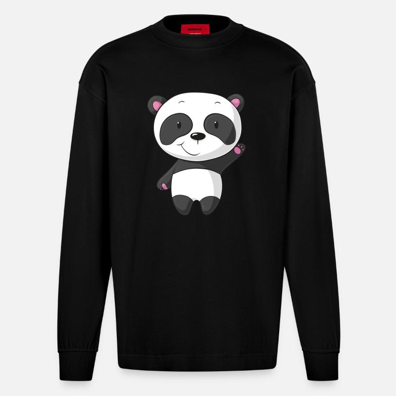 Winkender Comic Panda - Heavyweight Oversized Organic Langarmshirt Made in EU - SOLID BLACK