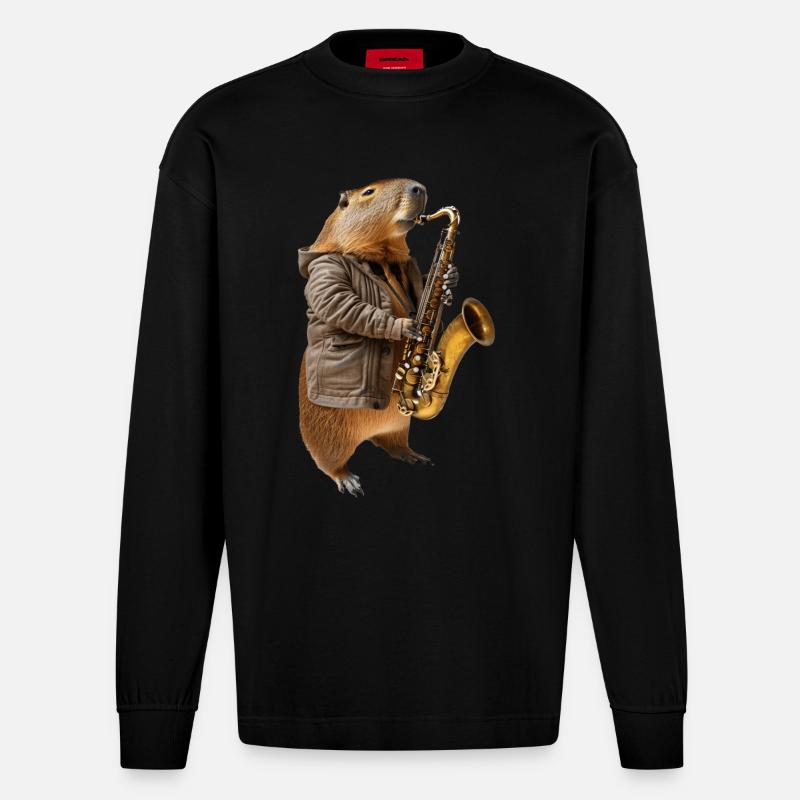 Capybara Saxophon - Heavyweight Oversized Organic Langarmshirt Made in EU - SOLID BLACK
