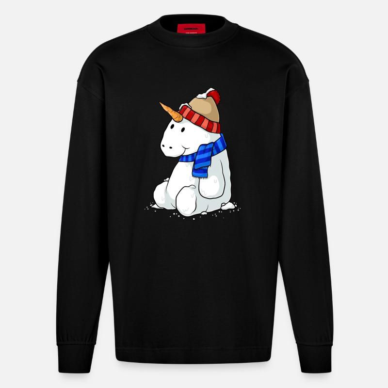 Einhorn Schneemann Comic - Heavyweight Oversized Organic Langarmshirt Made in EU - SOLID BLACK