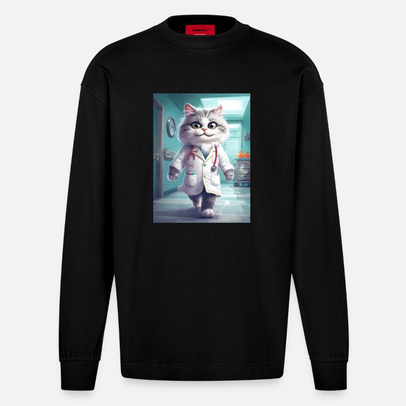 Arzt Katze Beruf Geschenk - Heavyweight Oversized Organic Langarmshirt Made in EU - SOLID BLACK