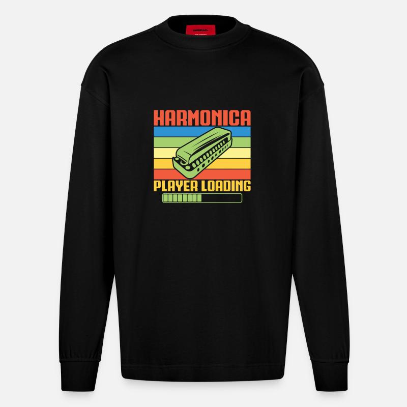 Funny Harmonica Player Loading Harmonica - Heavyweight Oversized Organic Langarmshirt Made in EU - SOLID BLACK