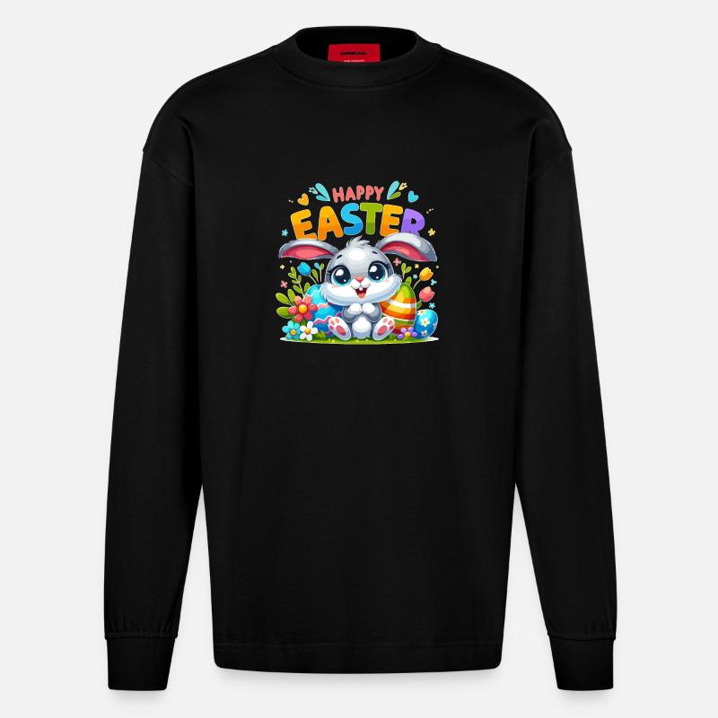 Happy Easter - Easter Bunny Illustration - Heavyweight Oversized Organic Longsleeve Shirt Made in EU - SOLID BLACK
