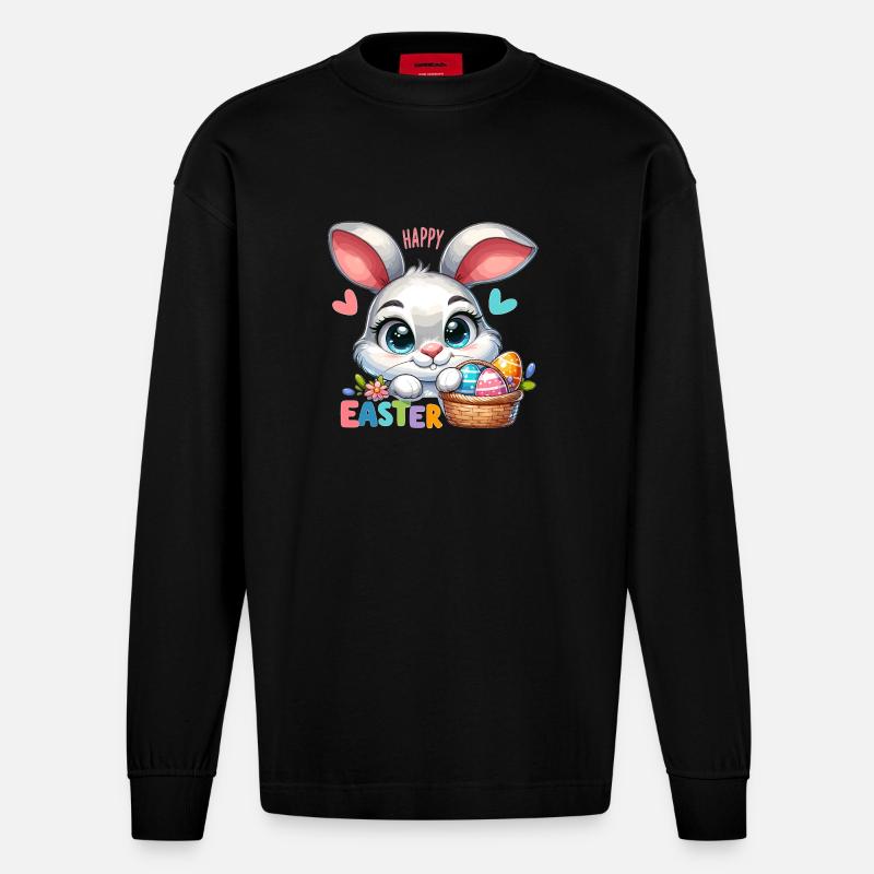 Happy Easter - Easter Bunny Illustration - Heavyweight Oversized Organic Longsleeve Shirt Made in EU - SOLID BLACK