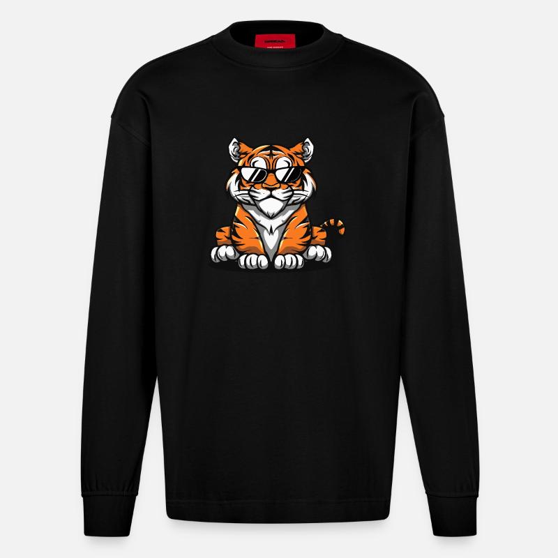 Tiger Cool Comic - Heavyweight Oversized Organic Langarmshirt Made in EU - SOLID BLACK