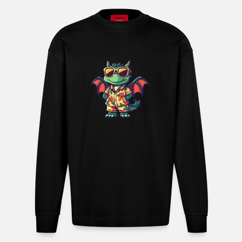 Drache Cool Sommer - Heavyweight Oversized Organic Langarmshirt Made in EU - SOLID BLACK