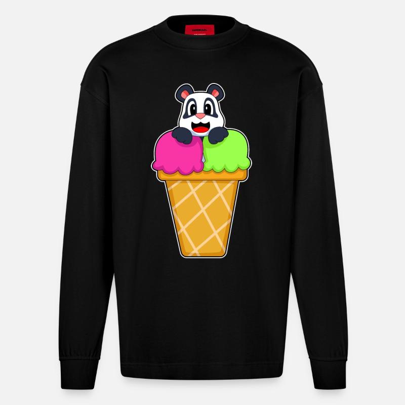 Crème glacée Panda Waffle - Manches longues bio épais oversize fabriqué en UE - SOLID BLACK