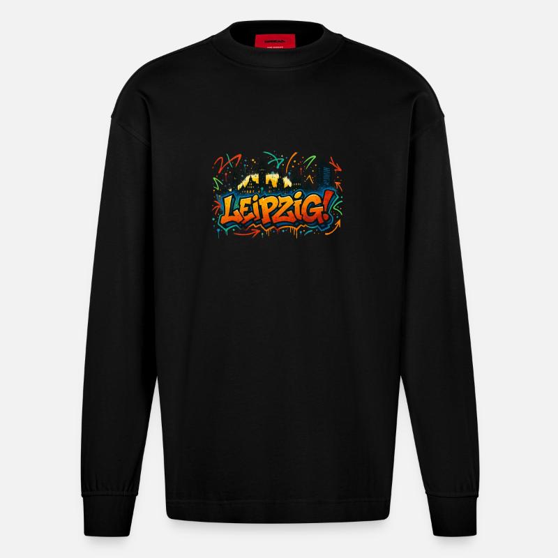 Graffiti Leipzig Skyline - Heavyweight Oversized Organic Langarmshirt Made in EU - SOLID BLACK