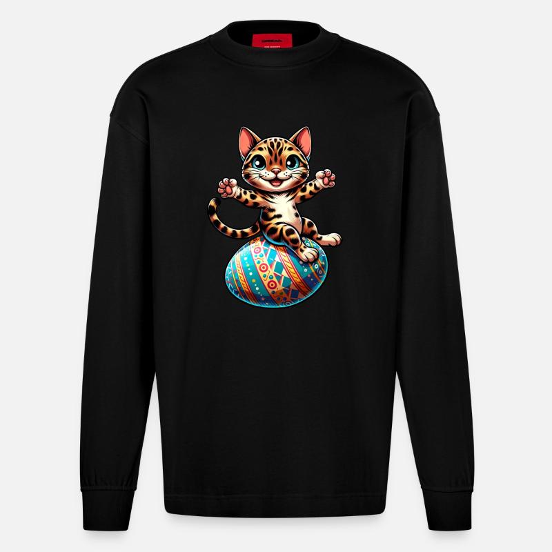 Bengal Cat Dancing Easter Egg - Heavyweight Oversized Organic Longsleeve Shirt Made in EU - SOLID BLACK