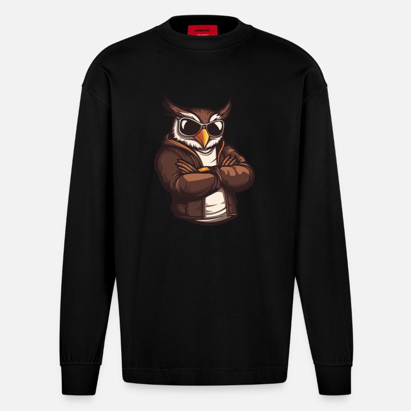 Owl Comic Cool - Heavyweight Oversized Organic Longsleeve Shirt Made in EU - SOLID BLACK