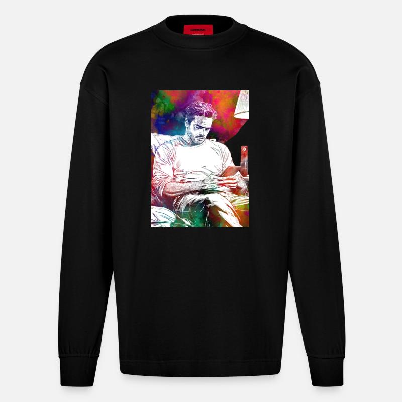 Man life with smartphone - Heavyweight Oversized Organic Longsleeve Shirt Made in EU - SOLID BLACK