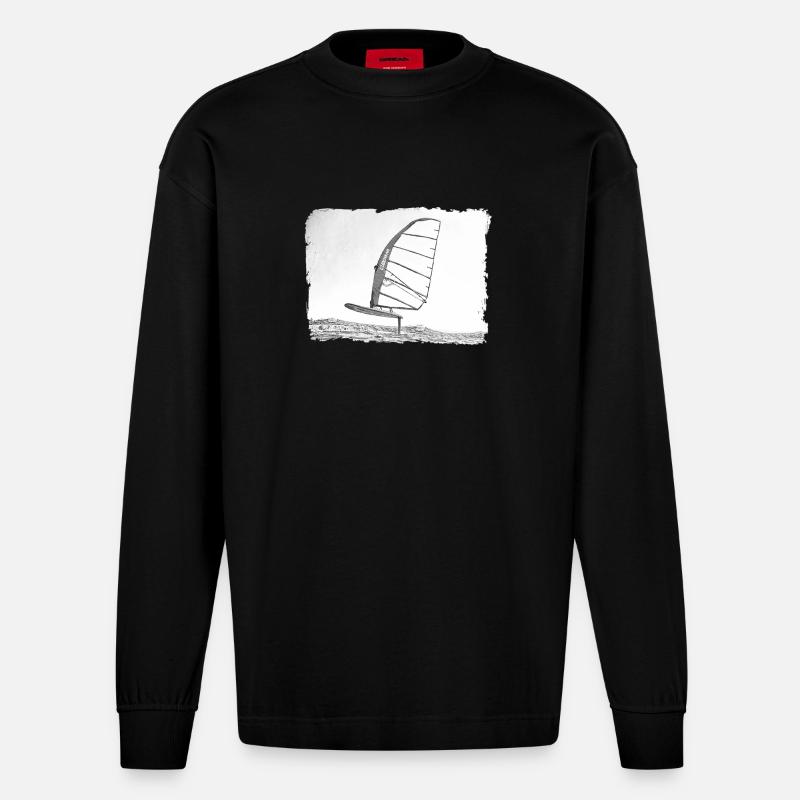Windsurf Foil / Foiling Hand-Drawing Sketch - Manches longues bio épais oversize fabriqué en UE - SOLID BLACK