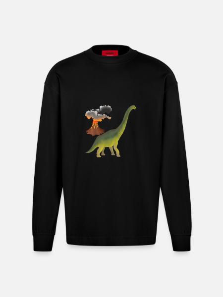 Dino and volcano - Heavyweight Oversized Organic Longsleeve Shirt Made in EU - SOLID BLACK