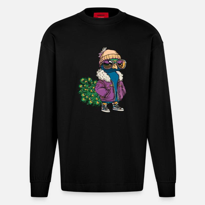 Peacock Bird Cool Comic - Heavyweight Oversized Organic Longsleeve Shirt Made in EU - SOLID BLACK